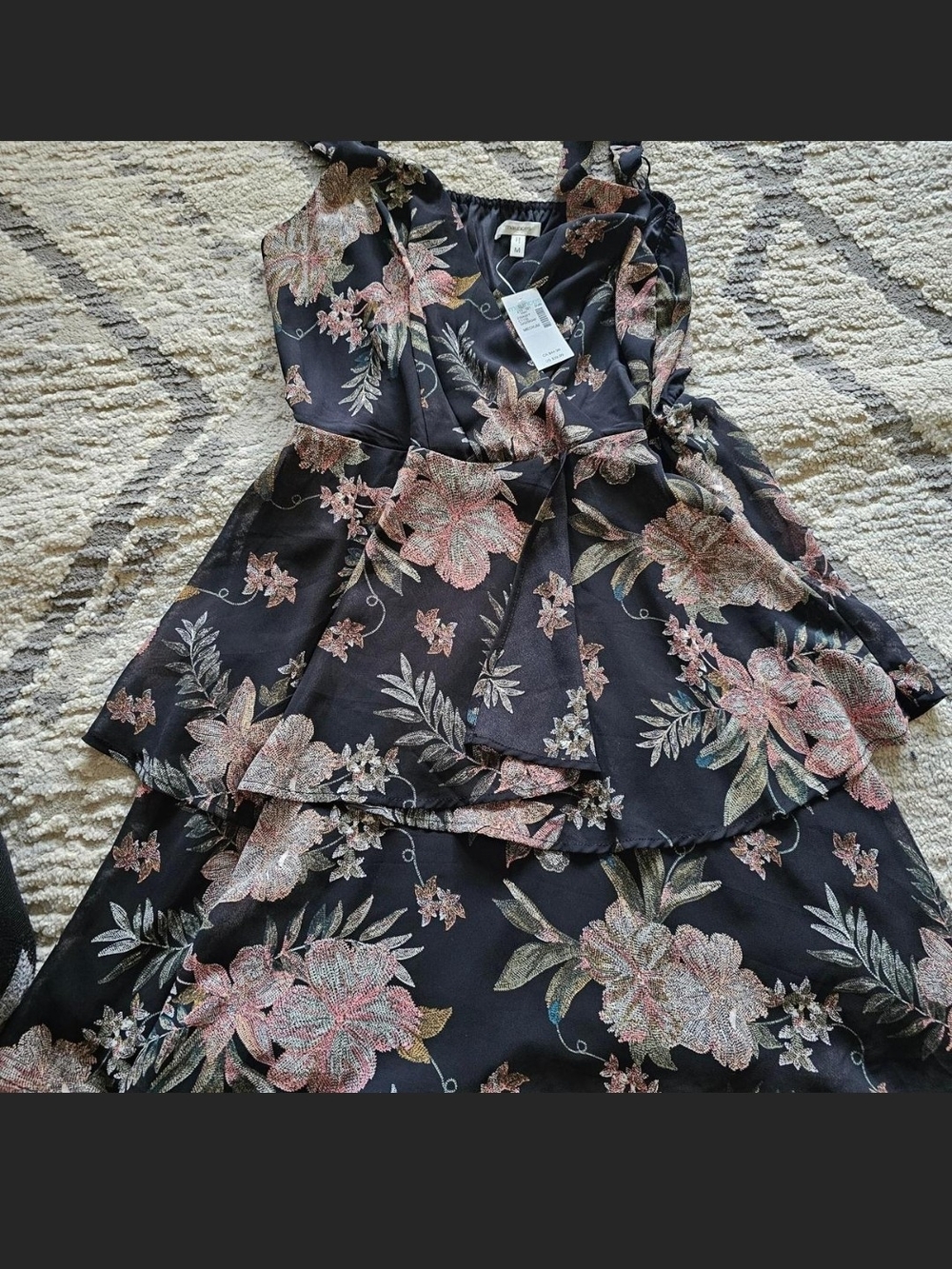 Maurices Black Floral Tiered Dress with Pink and Green Accents